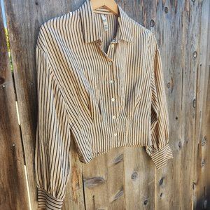 Zara Beige and Black Striped Cropped Button-Up Blouse